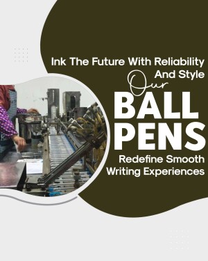 Promotional image for ball pens with a factory background.
