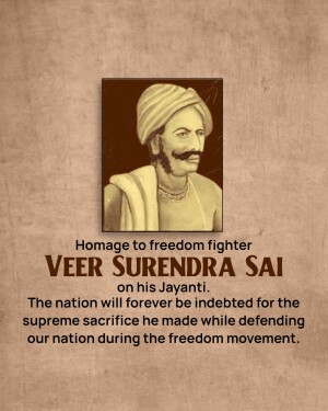 Portrait of Veer Surendra Sai with text commemorating his Jayanti