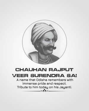 Portrait of Veer Surendra Sai with text commemorating his Jayanti