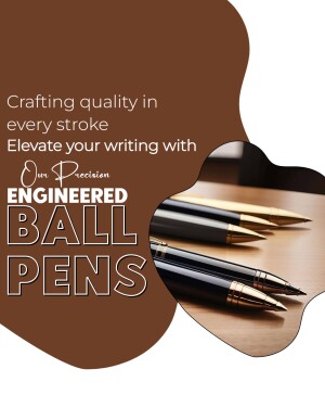 Close-up of luxury ballpoint pens with text promoting quality and precision.