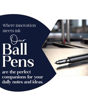 Close-up of a black ballpoint pen with text promoting its quality for daily notes and ideas.