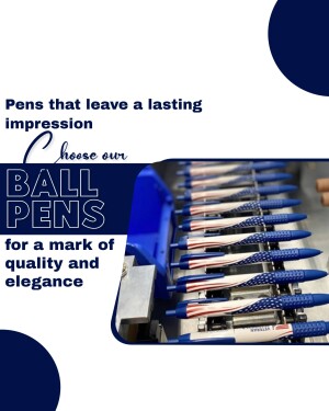 Close-up of American flag ballpoint pens in a production line