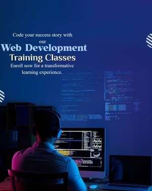 Person coding at a computer with web development training promotion