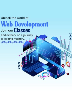 Promotional image for web development classes with a laptop and abstract design.