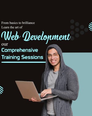 A young man with a laptop promoting web development training sessions.