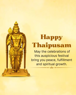 Golden statue of Lord Murugan with 'Happy Thaipusam' text