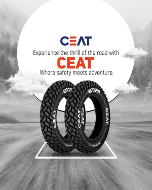 Two CEAT tyres displayed against a road background with the CEAT logo and tagline.