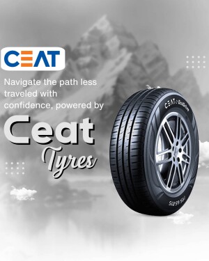 Ceat Tyre advertisement with a tire against a mountain backdrop