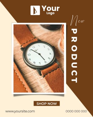 Promotional image of a leather strap watch with a 'New Product' announcement.