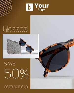 Close-up of fashionable sunglasses with a 50% off promotion.