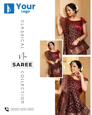 Woman wearing a beautiful red saree, promoting a new saree collection.