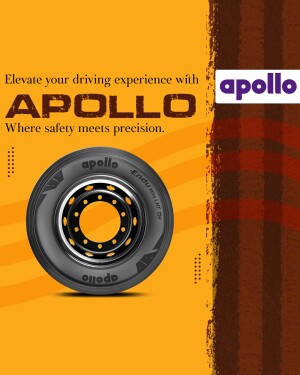 Apollo tyre advertisement with a tyre image and brand logo