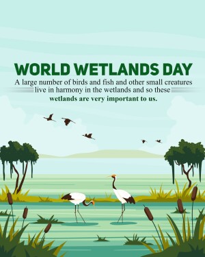 Illustration for World Wetlands Day featuring birds, trees, and a wetland landscape.