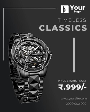 Black skeleton watch with metal band and price details