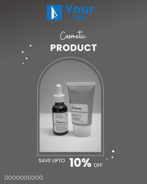 Image of cosmetic products including a serum and a tube of cream with a discount offer.
