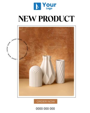 Image of three decorative ceramic vases in neutral tones with a 'New Product' announcement.
