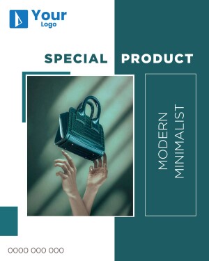 A promotional image featuring a green handbag floating above a hand, with a modern minimalist design.