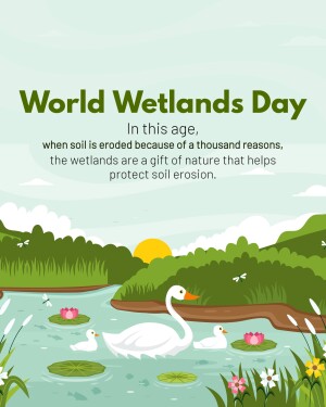 Illustration for World Wetlands Day featuring a swan, ducklings, and a wetland landscape.