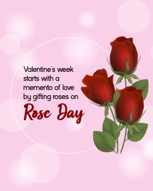 Three red roses with text 'Valentine's week starts with a momento of love by gifting roses on Rose Day'
