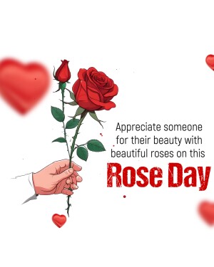 Hand holding a red rose with hearts and Rose Day text