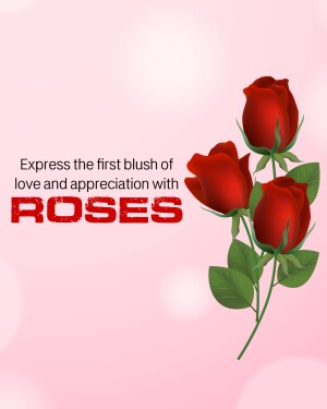 Three red roses with green leaves on a pink background with text.