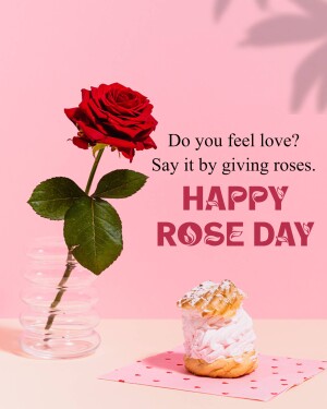 A single red rose in a vase with a pastry and 'Happy Rose Day' text.