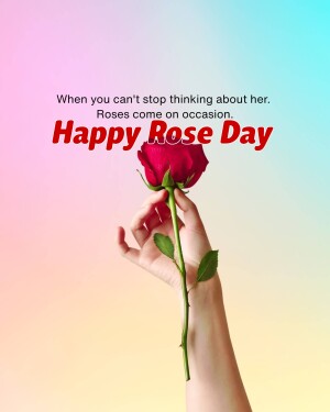 A hand holding a single red rose with text 'Happy Rose Day'