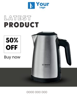 Image of a stainless steel Bosch kettle with a 50% off promotion.