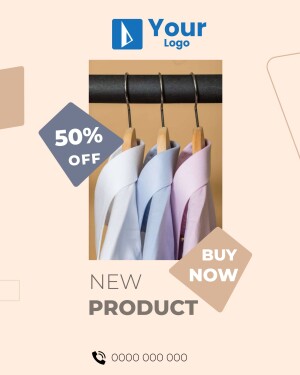 Image of shirts on a rack with a 50% off sale promotion.