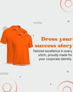 Two orange polo shirts stacked on top of each other with text promoting corporate identity.