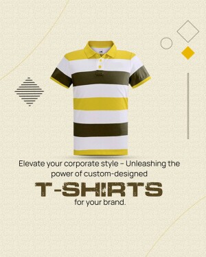 Striped polo t-shirt with text promoting custom t-shirts for brands