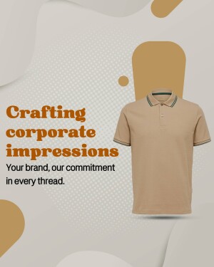 Tan polo shirt with text 'Crafting corporate impressions' and branding elements.