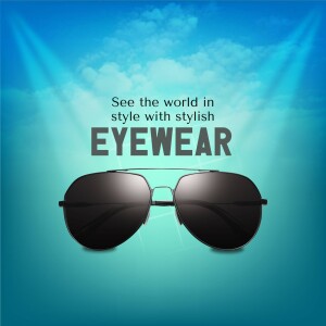 Black sunglasses against a blue gradient background with text 'See the world in style with stylish EYEWEAR'