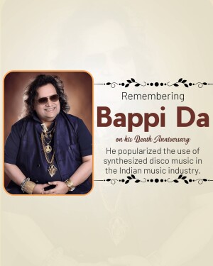 Portrait of Bappi Lahiri with text commemorating his death anniversary.
