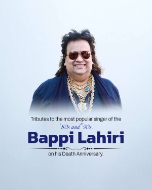 Portrait of Bappi Lahiri with text commemorating his death anniversary