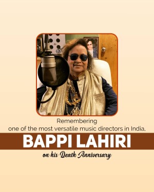 Portrait of Bappi Lahiri at a microphone with text commemorating his death anniversary.