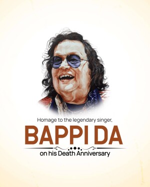 Portrait of Bappi Lahiri with text commemorating his death anniversary