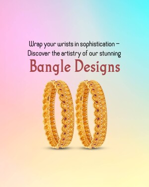 Close-up of two ornate golden bangles on a pastel gradient background.