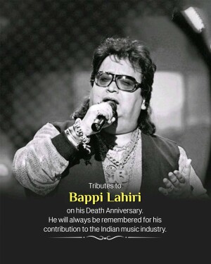 Black and white portrait of Bappi Lahiri with a microphone, commemorating his death anniversary.