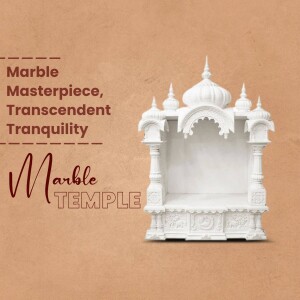 White marble temple with intricate carvings on a warm beige background