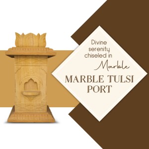 A decorative marble Tulsi Port with intricate carvings and a warm brown background.