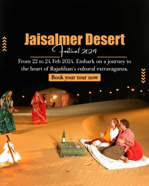 Jaisalmer Desert Festival advertisement featuring couples enjoying the desert landscape.