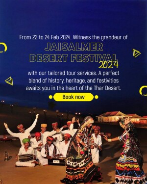 Jaisalmer Desert Festival 2024 poster with traditional Rajasthani performers
