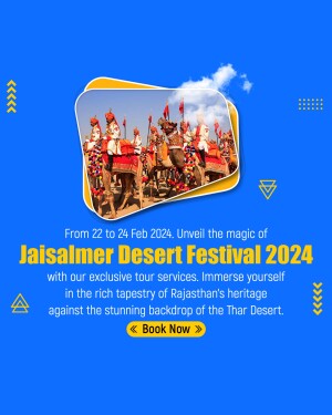 Promotional image for the Jaisalmer Desert Festival 2024 with camels and Rajasthani performers.