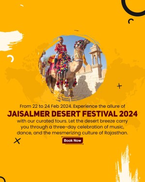 A vibrant promotional image for the Jaisalmer Desert Festival 2024 featuring a man on a decorated camel with a fort in the background.