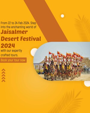 Promotional image for the Jaisalmer Desert Festival 2024 featuring a procession of people on horses with flags.