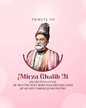 Portrait of Mirza Ghalib with text commemorating his Punyatithi