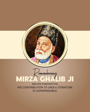 Portrait of Mirza Ghalib with text commemorating his contribution to Urdu literature.