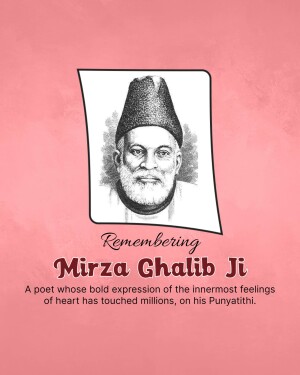 Portrait of Mirza Ghalib with text 'Remembering Mirza Ghalib Ji'
