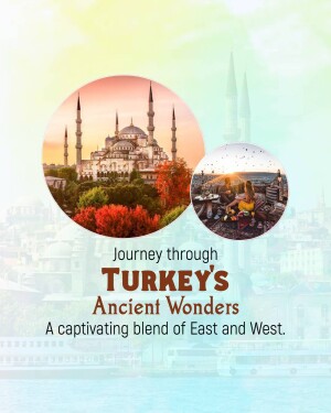 Travel poster featuring iconic landmarks of Turkey, including the Blue Mosque and a street food scene.